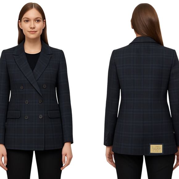BABATON x ARITZIA Samuel Double Breasted Blazer Navy Everest Green Plaid SZ 0/XS - Picture 1 of 9